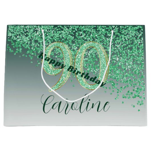 落下かわいらしグリーングリッター90誕生日 ラージペーパーバッグ (正面)