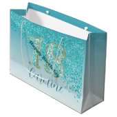 落下かわいらしティール（緑がかった色）ブルーグリッター18誕生日 ラージペーパーバッグ (正面アングル)