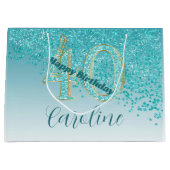 落下かわいらしティール（緑がかった色）ブルーグリッター40歳 ラージペーパーバッグ (正面)