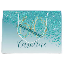 落下かわいらしティール（緑がかった色）ブルーグリッター60誕生日 ラージペーパーバッグ