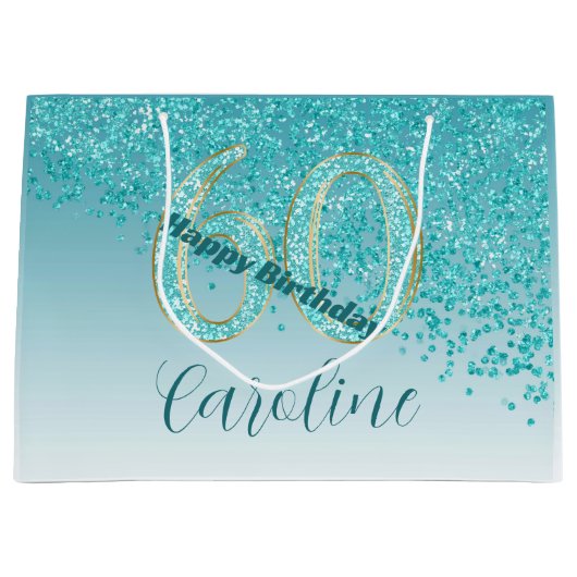 落下かわいらしティール（緑がかった色）ブルーグリッター60誕生日 ラージペーパーバッグ (正面)