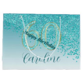 落下かわいらしティール（緑がかった色）ブルーグリッター60誕生日 ラージペーパーバッグ (裏面)