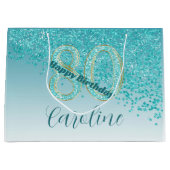 落下かわいらしティール（緑がかった色）ブルーグリッター80誕生日 ラージペーパーバッグ (正面)