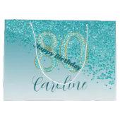 落下かわいらしティール（緑がかった色）ブルーグリッター80誕生日 ラージペーパーバッグ (裏面)