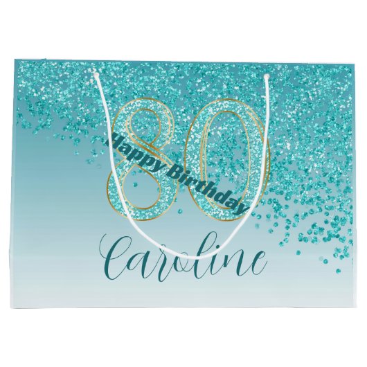 落下かわいらしティール（緑がかった色）ブルーグリッター80誕生日 ラージペーパーバッグ (裏面)