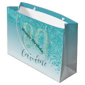 落下かわいらしティール（緑がかった色）ブルーグリッター80誕生日 ラージペーパーバッグ (裏面アングル)