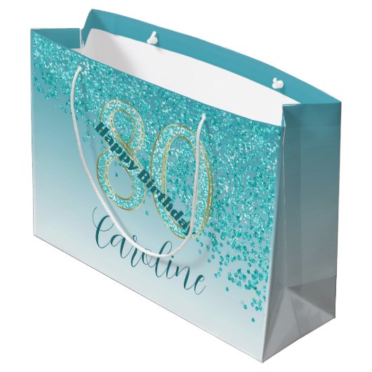 落下かわいらしティール（緑がかった色）ブルーグリッター80誕生日 ラージペーパーバッグ (裏面アングル)