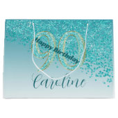 落下かわいらしティール（緑がかった色）ブルーグリッター90誕生日 ラージペーパーバッグ (正面)