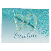 落下かわいらしティール（緑がかった色）ブルーグリッター90誕生日 ラージペーパーバッグ (裏面)