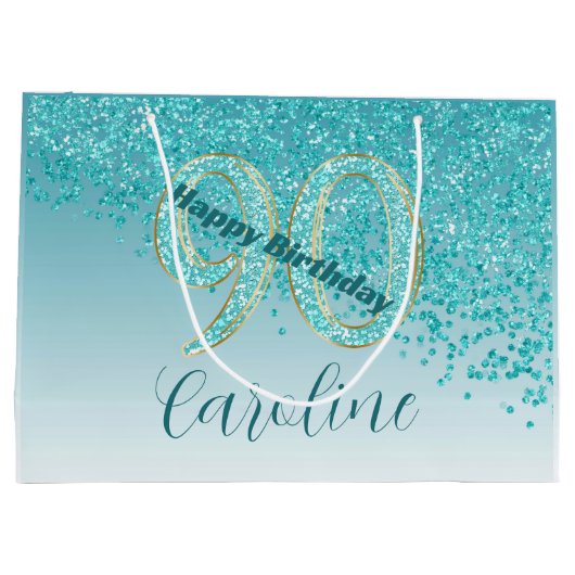 落下かわいらしティール（緑がかった色）ブルーグリッター90誕生日 ラージペーパーバッグ (裏面)