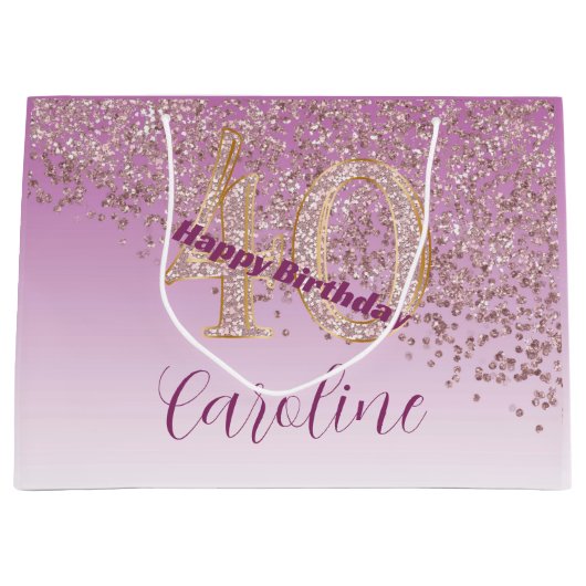 落下かわいらしバラ金ゴールドグリッター40歳の誕生日 ラージペーパーバッグ (正面)