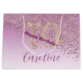 落下かわいらしバラ金ゴールドグリッター70誕生日 ラージペーパーバッグ