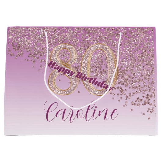 落下かわいらしバラ金ゴールドグリッター80誕生日 ラージペーパーバッグ (正面)