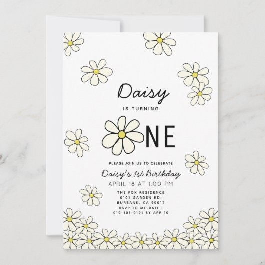 落下するデイジーホワイトフローラ1st誕生日 招待状 (正面)