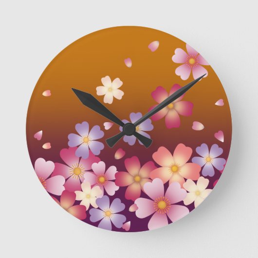 落下する桜花着物スタイル金ゴールド ラウンド壁時計 (正面)
