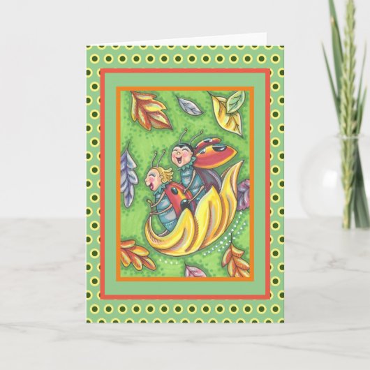 落下する紅葉に乗るカメムシ,おもしろい サンキューカード (正面)