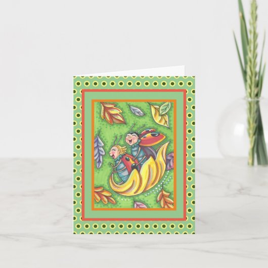 落下する紅葉、おもしろいバグに乗るラディバグ サンキューカード (正面)