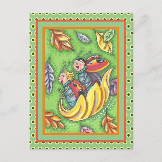 落下する紅葉、おもしろいバグに乗るラディバグ ポストカード (正面)