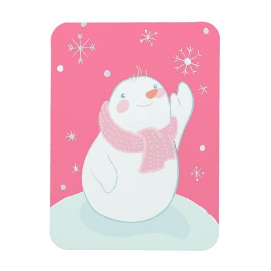 落下する雪片を手に入れる雪だるま マグネット (縦)