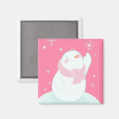 落下する雪片を手に入れる雪だるま マグネット (正面/裏面)