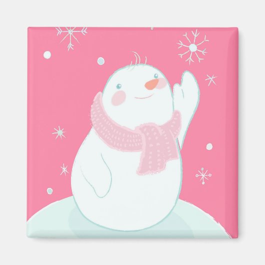 落下する雪片を手に入れる雪だるま マグネット (正面)