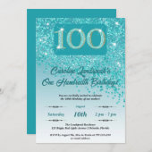 落下ティール(緑がかった色)ブルーグリッター100thバースデーパーティー 招待状 (正面/裏面)
