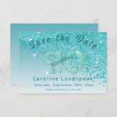 落下ティール(緑がかった色)ブルーグリッター20誕生日 セーブザデート (正面/裏面)