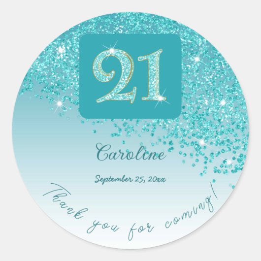 落下ティール(緑がかった色)ブルーグリッター21歳感謝してい日 ラウンドシール (正面)
