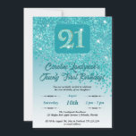 落下ティール(緑がかった色)ブルーグリッター21st誕生日パーティー 招待状<br><div class="desc">グラマラス落ちるティール(緑がかった色)ブルーグリッターとティール(緑がかった色)のグラデーションと光沢のある星。</div>