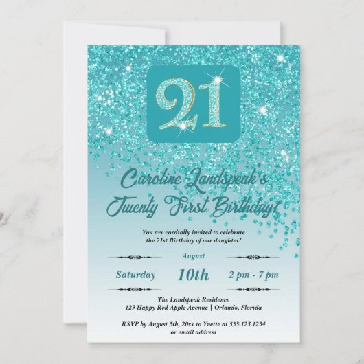 落下ティール(緑がかった色)ブルーグリッター21st誕生日パーティー 招待状 (正面)