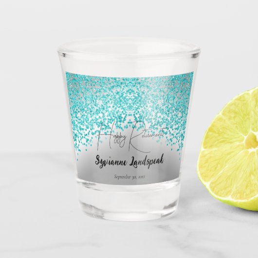 落下ティール（緑がかった色）ブルーグリッター&シルバーリタイア ショットグラス