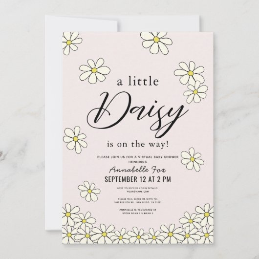 落下デイジーフローラピンクバーチャルベビーシャワー 招待状 (正面)