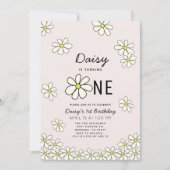 落下デイジーフローラピンク1歳の誕生日 招待状 (正面)