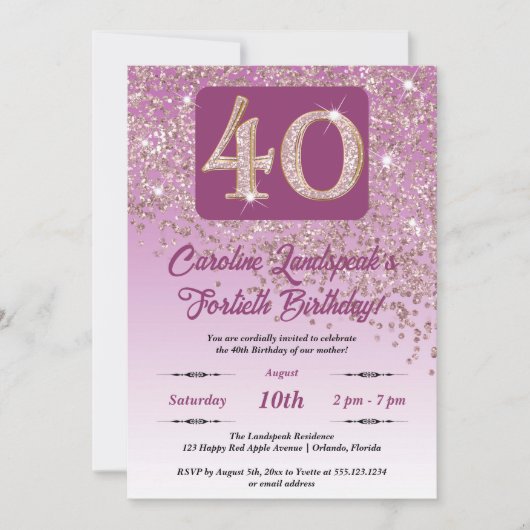 落下バラ金ゴールドグリッター40th誕生日パーティー 招待状 (正面)