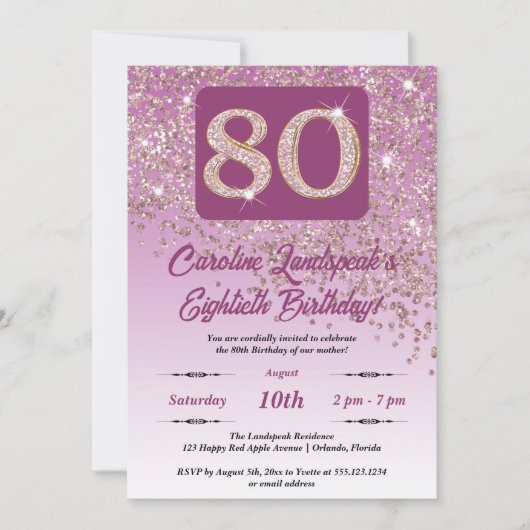 落下バラ金ゴールドグリッター80th誕生日パーティー 招待状 (正面)