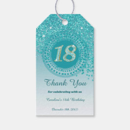 落下モダンティール（緑がかった色）ブルーグリッター18誕生日 ギフトタグ