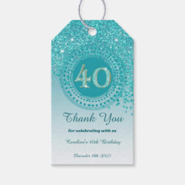 落下モダンティール（緑がかった色）ブルーグリッター40歳 ギフトタグ