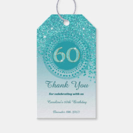 落下モダンティール（緑がかった色）ブルーグリッター60誕生日 ギフトタグ