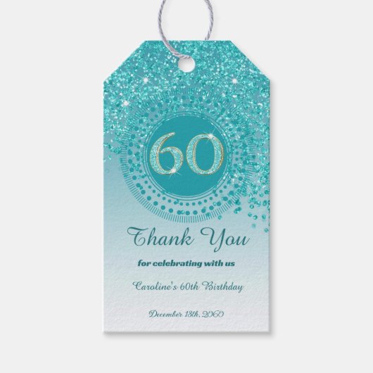 落下モダンティール(緑がかった色)ブルーグリッター60誕生日 ギフトタグ (正面)