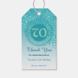 落下モダンティール（緑がかった色）ブルーグリッター70誕生日 ギフトタグ