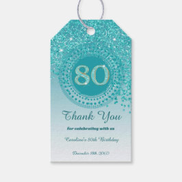 落下モダンティール（緑がかった色）ブルーグリッター80誕生日 ギフトタグ