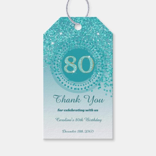 落下モダンティール（緑がかった色）ブルーグリッター80誕生日 ギフトタグ (正面)
