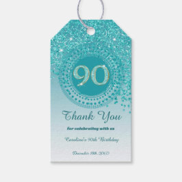 落下モダンティール（緑がかった色）ブルーグリッター90誕生日 ギフトタグ
