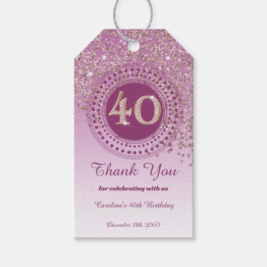 落下モダンバラ金ゴールドグリッター40歳の誕生日 ギフトタグ (正面)