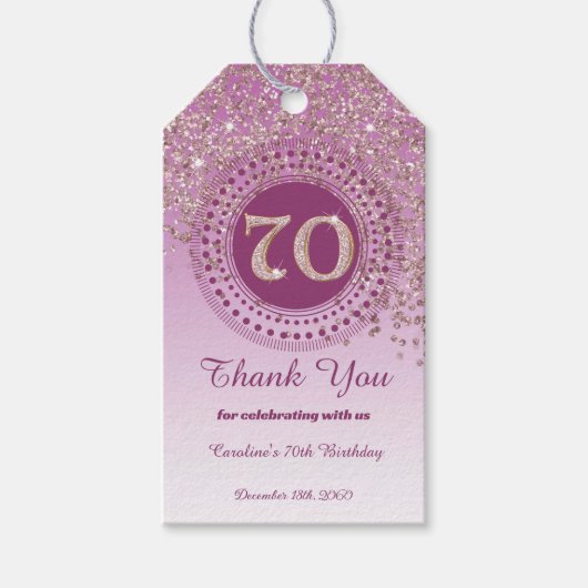 落下モダンバラ金ゴールドグリッター70誕生日 ギフトタグ (正面)