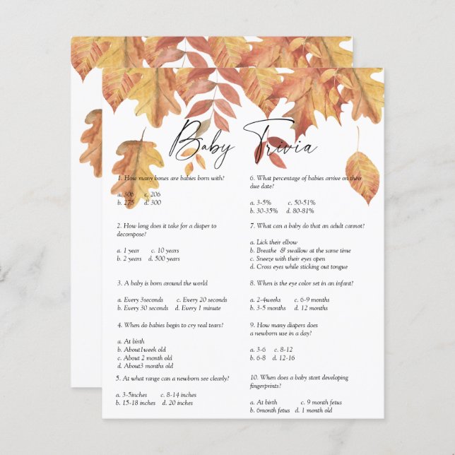 落下葉ベビートリビア |赤ちゃんシャワーゲーム (正面/裏面)