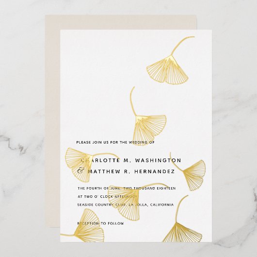 落下金ゴールドイチョウ葉秋の結婚式 箔招待状 (正面/裏面)