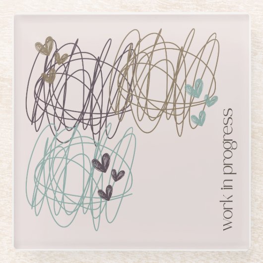 落書きとハート – 作業中 ガラスコースター (正面)