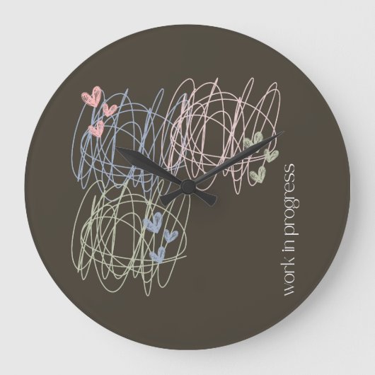 落書きとハート – 作業中 ラージ壁時計 (正面)