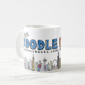 落書きのマグ: 青およびオレンジ コーヒーマグカップ (正面左)